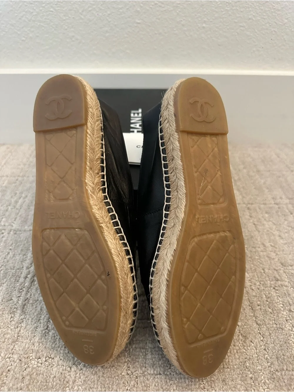 CHANEL Black Leather Espadrille Flats with Interlocking CC